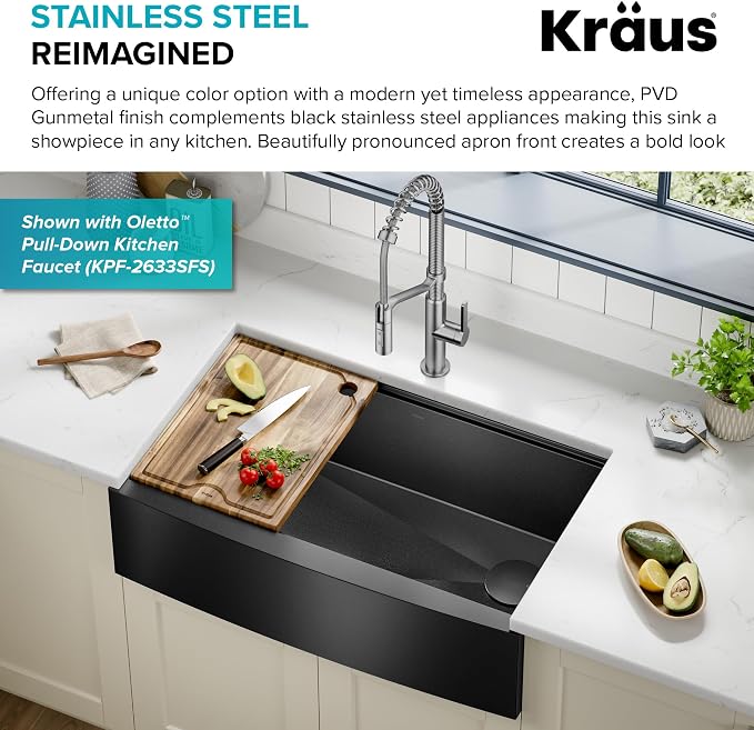 KRAUS Kore Workstation 33-inch Farmhouse Apron Front 16 Gauge Black Stainless Steel Single Bowl Kitchen Sink in PVD Gunmetal Finish with Accessories, KWF210-33/PGM - Image 5