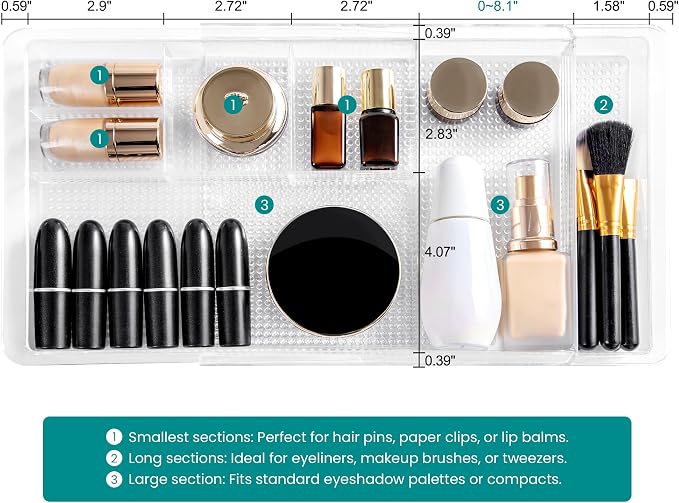 Oubonun Expandable Shallow Vanity Plastic Makeup Drawer Organizers, 2 Pack | Low Profile 1.3 Inch Height Clear Storage Tray - Scalable Width Customization Fits Cosmetic Lipsticks Brushes, Dressing Table - Image 4