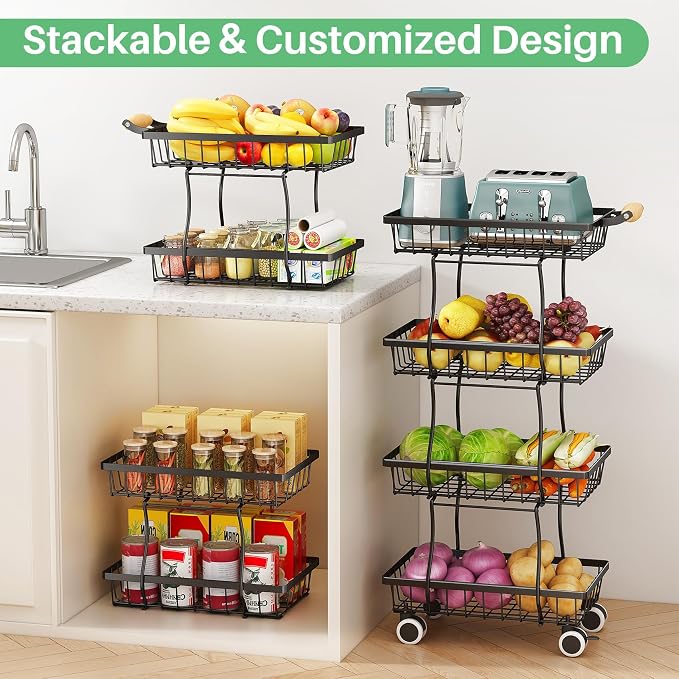 SAYZH 4-Tier Fruit Basket Stand with Vegetable Baskets for Kitchen, Black | Stackable Metal Wire Basket, Sturdy Rolling Storage Carts for Kitchen, Pantry Organizer, Snack and Jar Storage - Image 2