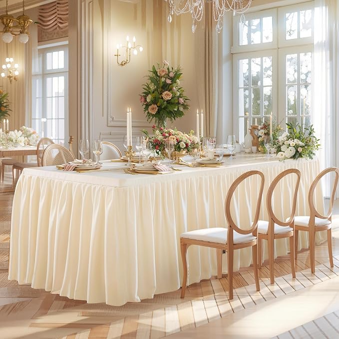 Wish Care Light Champagne Table Clothes for Rectangle Tables 6ft, Wrinkle Resistant Fitted Table Cloth with Pleated Ruffle Skirts for Banquet Wedding Baby Shower Folding Tables - Image 2