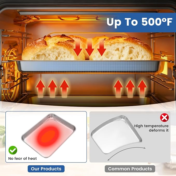 BIEAMA 6 Pack Stainless Steel Toaster Oven Baking Sheets, 9 x 7 in | Stainless steel pans with no chemical coating, mirror-polished finish and rolled edges; dishwasher safe, oven safe to 500°F. - Image 8