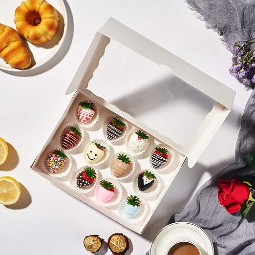 12PCS 10 x 7 x 2.5 inches Premium Fancy White Strawberry Boxes, Cookie Boxes, Elegant White Bakery Box with Display Window - Image 3