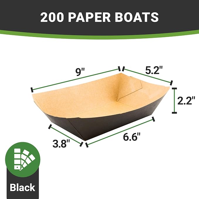 Restaurantware-Bio Tek 2-pound Food Trays, 200 Disposable Paper Food Trays - Heavy-Duty, Greaseproof, Black Paper Food Boats, For Snacks, Appetizers, Or Treats, Use At Parties Or Carnivals - Image 7