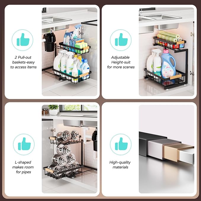 ADBIU Under Sink Organizer, 2 Pack 2 Tier Expandable Height (13.2" - 17.2") Pull out Kitchen Bathroom Cabinet Organizers and Storage Shelf - Image 8