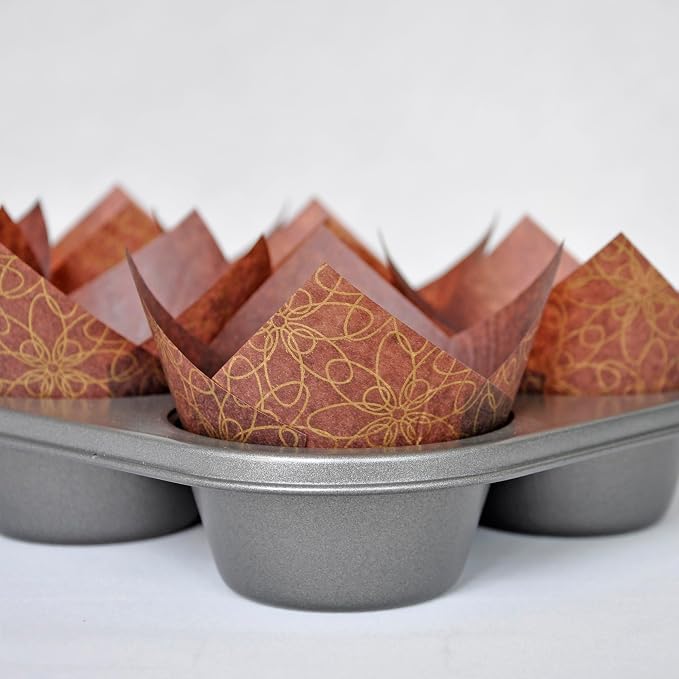 (JUMBO Large size) Brown Golden pattern Tulip Baking Cups 2-1/4"(Base diameter) x 3-3/4"(Wall height) Greaseproof paper Muffin liners, Case of 130 pcs - Image 6