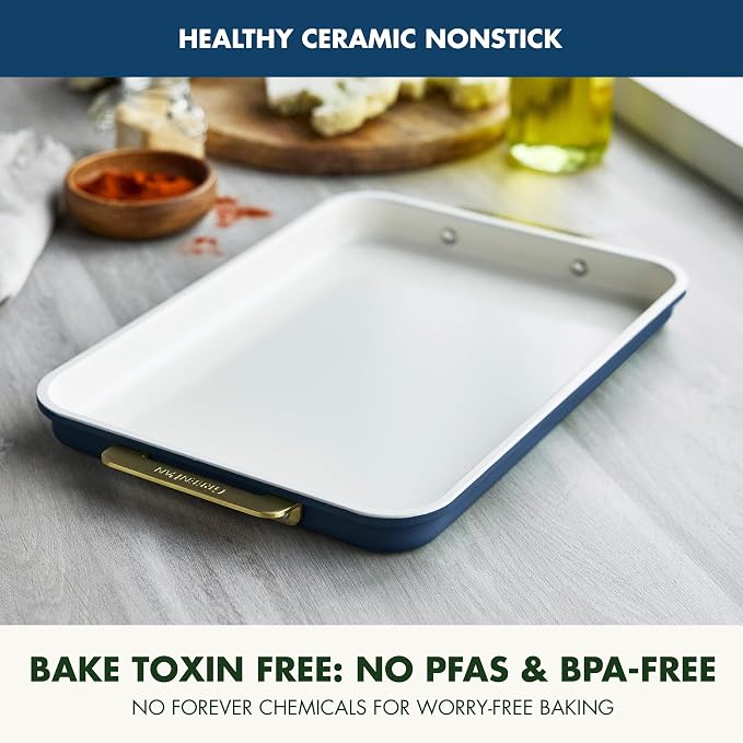 GreenPan Bakeware 13" x 9" Quarter Sheet Pan, Ceramic Nonstick Baking Pan, PFAS & BPA Free, Gold Handles, Durable Steel, Versatile & Space Saving Ovenware, Freezer to Oven Dish, Oxford Blue - Image 2