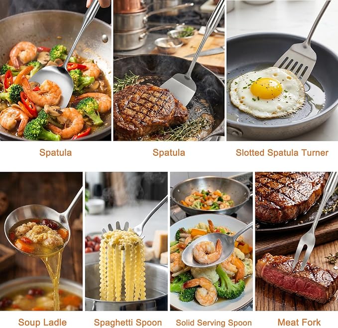 304 Stainless Steel Cooking Utensils Set, 16 Pcs Kitchen Utensils Set Cookware, High-heat resistance Kitchen Tool Set for Hanging Dishwasher Safe (16, silver) - Image 4