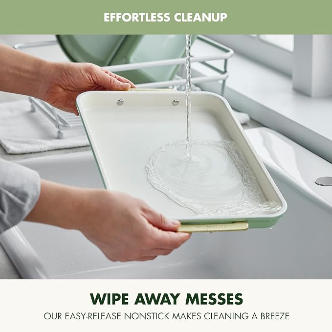 GreenPan Bakeware 13" x 9" Quarter Sheet Pan, Ceramic Nonstick Baking Pan, PFAS & BPA Free, Gold Handles, Durable Steel, Versatile & Space Saving Ovenware, Freezer to Oven Dish, Sage Green - Image 7