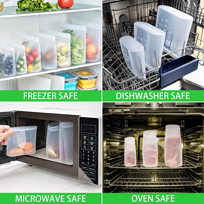 100% Platinum Silicone Reusable Food Storage Bags, 4 Pack, 51fl.oz/1500ml | Premium Silicone Reusable Storage Bag, Stand-Up Wide-Mouth Ziplock, Medium Size, Freezer Microwave Dishwasher Safe, Clear - Image 7