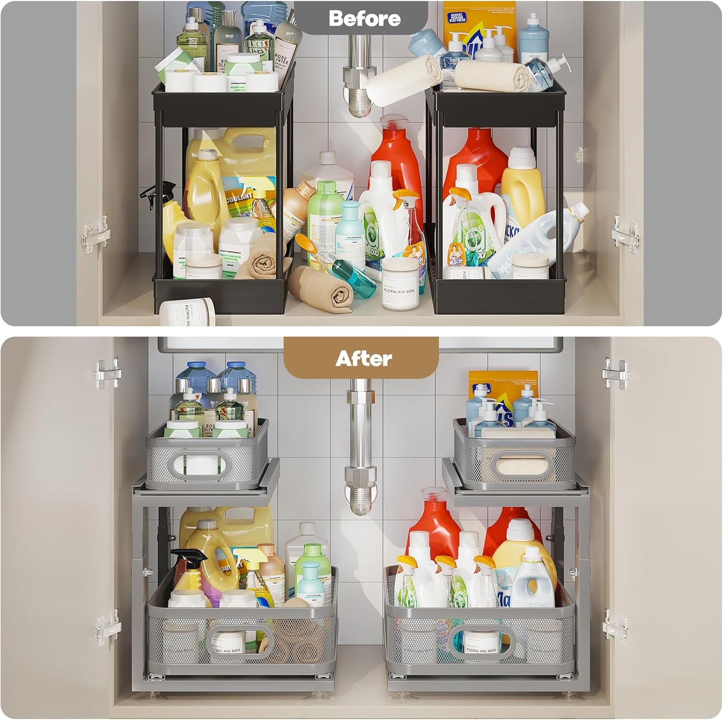 1 Pack 15.5IN-Depth Under Sink Organizer With Next-Gen Ball-Bearing Slides,2-Tier Precision Mesh Pull Out Cabinet Storage for Bathroom&Kitchen,Height Adjustable Drawers Shelf,Anti-rust-Grey