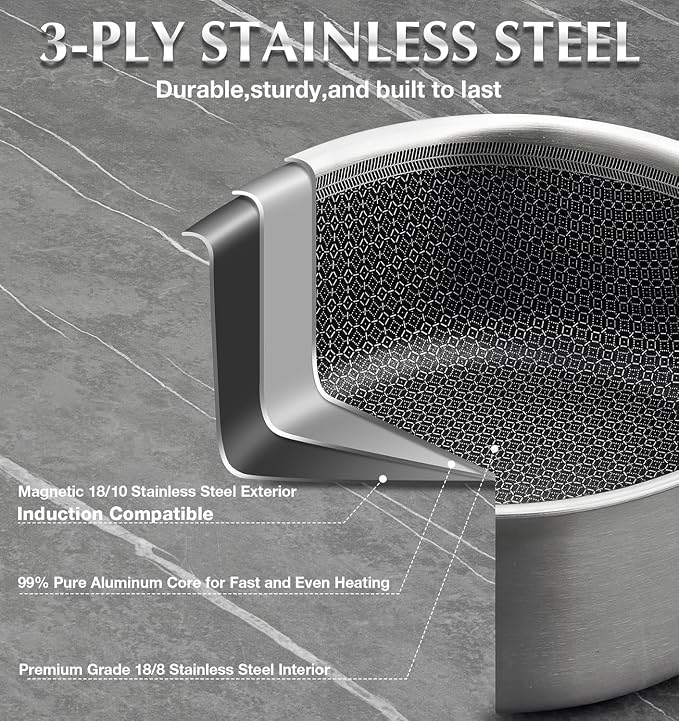 KOCH SYSTEME CS Stainless Steel Saucepan Set 6 Piece, 2QT+3QT+8QT Hybrid Nonstick Stainless Steel Pots Set, Triply Stainless Steel Pots, PFOA Free, Pot Sets Induction Compatible - Image 3