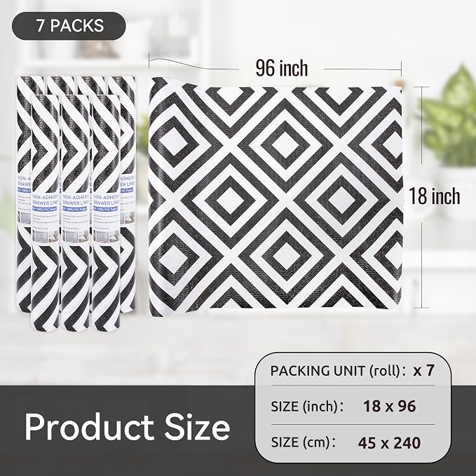 FIFTY FEET 18"x96" Non-Adhesive Shelf Liner for Kitchen Cabinets and Drawers, Washable Non-Slip PVC Cabinet Liner (Black Plaid)(7 Roll) - Image 5