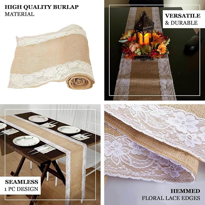 Efavormart 14"X104" Natural Jute Burlap Table Runner with White Lace Trim Edges, Boho Chic Rustic Decor - Image 4