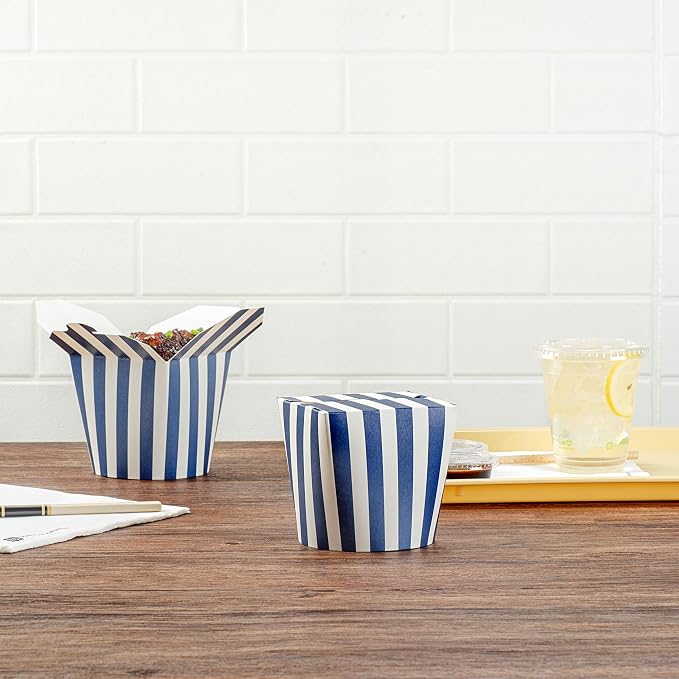 Restaurantware Bio Tek 4 x 3.4 x 3.7 Inch Food Containers, 200 Noodle Takeaway Boxes - Disposable, Striped, Blue And White Paper 26 Ounce Take Out Boxes, Round, For Hot Or Cold Foods - Image 4