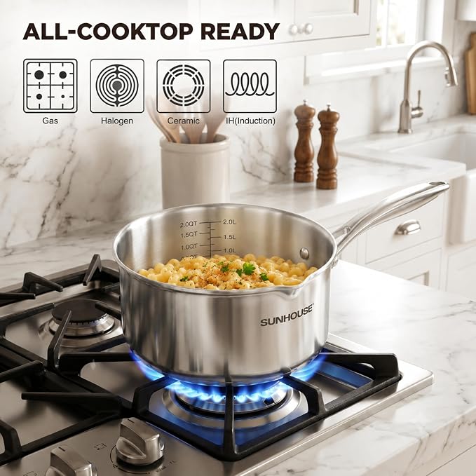 SUNHOUSE 3QT Stainless Steel Saucepan with Pour Spout & Strainer Glass Lid - Image 7