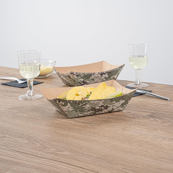 Restaurantware-Bio Tek 1 Pound Food Trays, 200 Disposable Paper Food Trays - Heavy-Duty, Greaseproof, Camouflage Paper Food Boats, For Snacks, Appetizers, Or Treats, Use At Parties Or Carnivals - Image 7