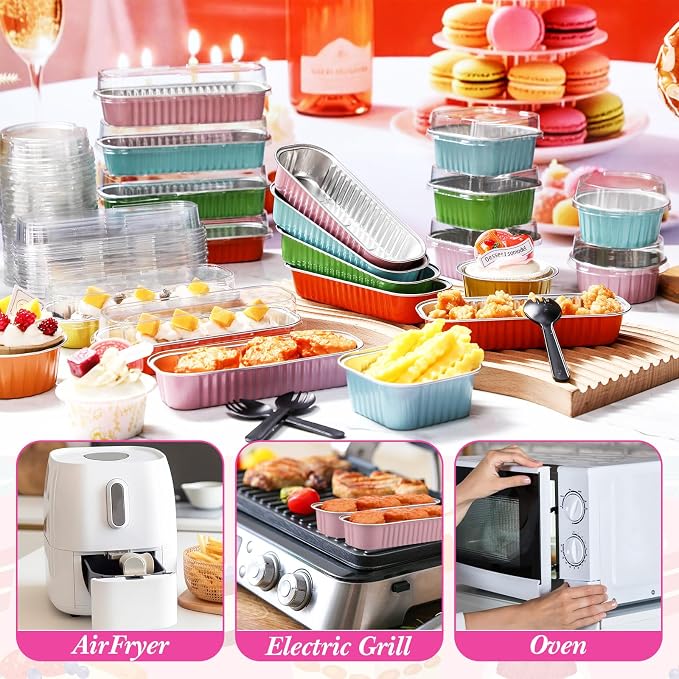 Blushtier 120 Set/240 Pcs Mini Loaf Pans with Lids and Spoons Disposable Mini Cake Pans, 6.8, 5, 4.2 oz Square Rectangle Round Aluminum Foil Cupcake Baking Cups Dessert Liners Tins for Desserts - Image 3