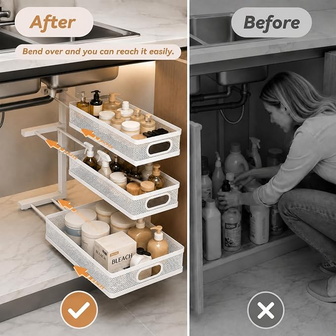 3-Tier Under Sink Organizer 2-Pack Organization for Bathroom Kitchen,White - Image 5