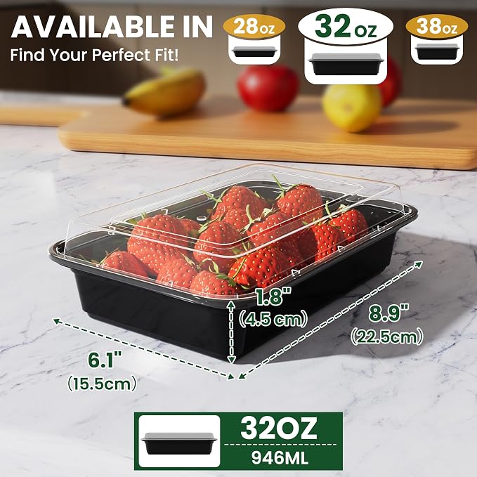 32oz Meal Prep Containers [50-Pack], Reusable Bento Box with Easy-Snap Leakproof Lids - Microwave, Dishwasher & Freezer Safe Food Storage, BPA-Free Plastic Lunch Containers (Black) - Image 3