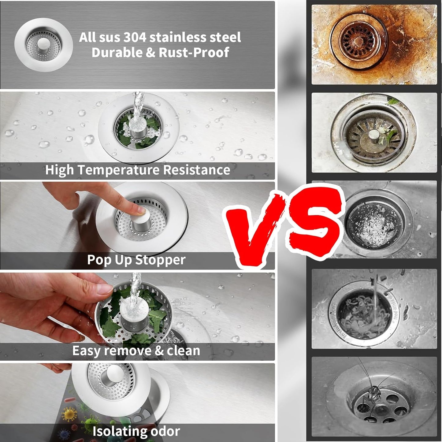 3-in-1 Stainless Steel Kitchen Sink Drain Strainer – Pop-up Sink Stopper with Sealing Ring, Anti-Clog & Odor-Proof Drain Filter, Fits 3-1/2 Inch Sink Drain Holes, Easy Installation