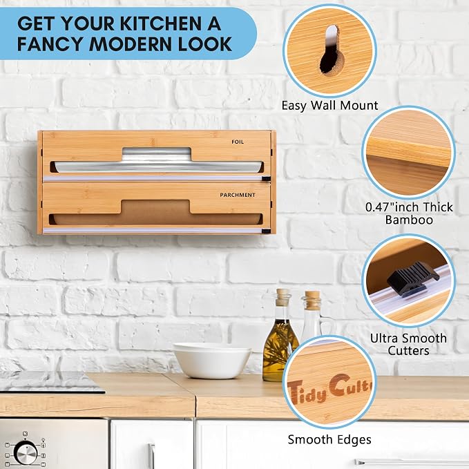 18 Inch Large Foil Wrap Dispenser with Cutter, 2 in 1 Aluminum Butcher Parchment Paper Freezer Tin Wax Cling Foil Plastic Wrap Organizer for Kitchen Drawer Bamboo Saran Storage Roll Holder - Image 6