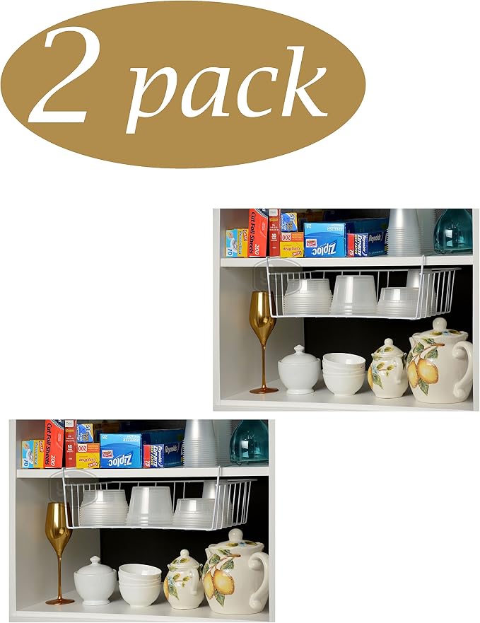 YBM Home Under Shelf Wire Basket Storage Organizer for Kitchen Pantry - Hanging Storage Cabinet Organizer Rack Adds Extra Storage Space Underside the Shelf (2, Medium) - Image 2