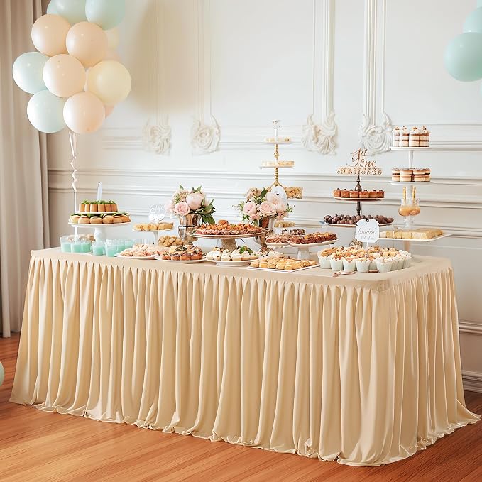 Wish Care Deep Champagne Polyester Table Clothes for 8 Foot Rectangle Tables, Wrinkle Free Fitted Table Cover with Pleated Ruffle Table Skirt for Birthday Party Wedding Trade Show Event Display - Image 7