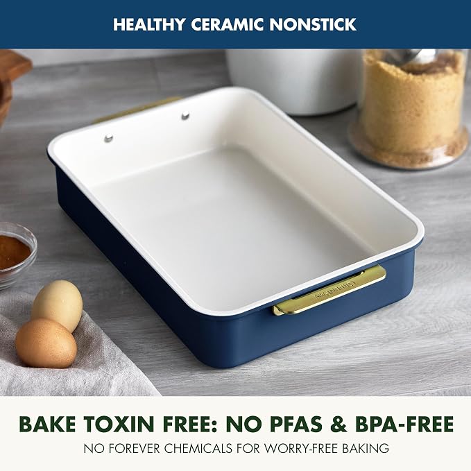 GreenPan Bakeware 13” x 9” Rectangular Cake Pan, Ceramic Nonstick Baking Pan, PFAS & BPA Free, Gold Handles, Durable Steel, Freezer to Oven Dish, Scratch Resistant, Bake & Roast Ovenware, Oxford Blue - Image 2