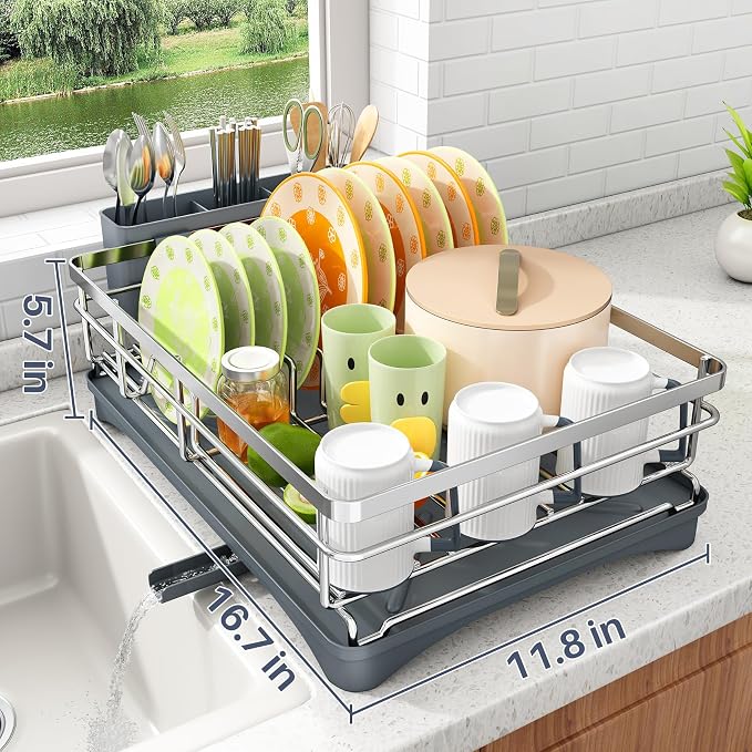 SAYZH Dish Drying Rack for Kitchen Counter with Utensil Holder, Silver - Image 5