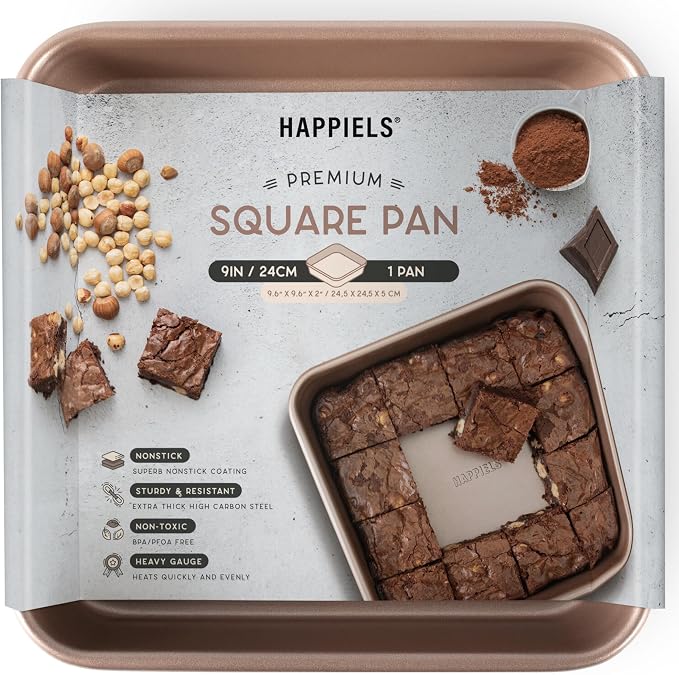 HAPPIELS 9 x 9 inch Square Baking Pan Nonstick, PFOA & BPA Free | | Non-Toxic - High Carbon Steel - Gold - Cake & Brownie Mold by HAPPIELS