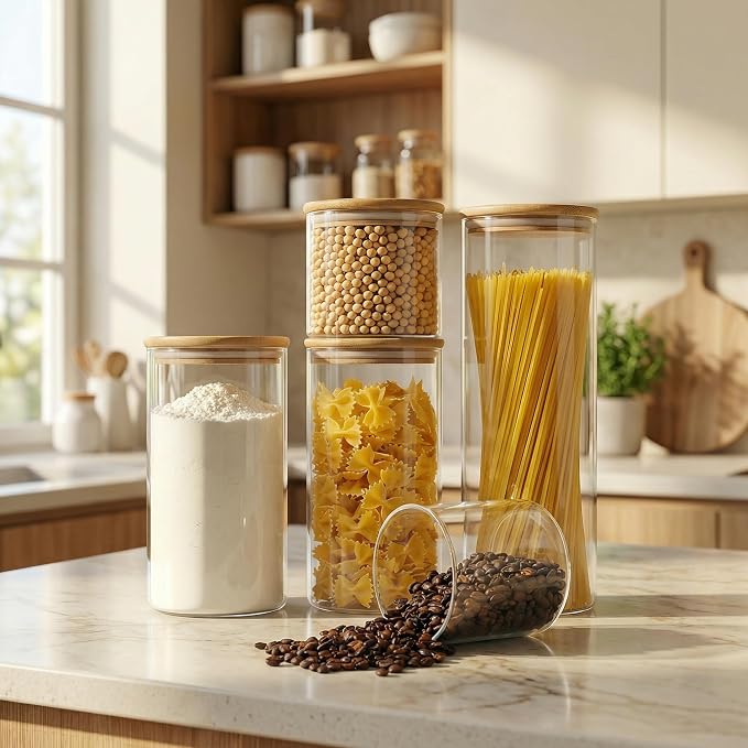 Round Glass Storage Containers with Bamboo Lids for Pasta & Flour, 5 Pack | Airtight Pantry Jar for Flour, Sugar & Rice, Durable Borosilicate Glass Canisters Keep Food Dry & Fresh, Easy to Fill & Clean - Image 2