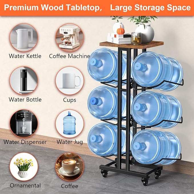 5 Gallon Water Jug Holder,3 Tier Foldable Heavy Duty Water Jug Stand Water Bottle Holder Organizer with Lockable Casters Water Dispenser Stand Rack with Removable Wood Top Shelf for 6 Bottles，Brown - Image 3