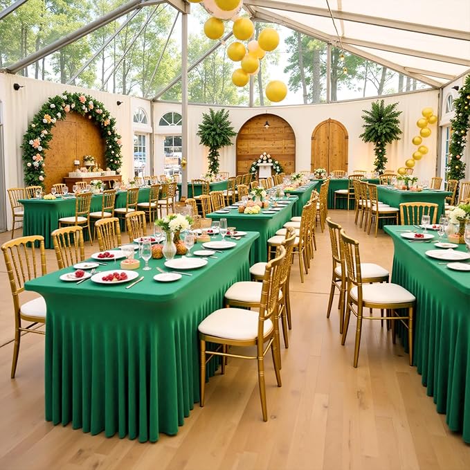 3 Pack Emerald Green Spandex Tablecloth for 8 Foot Rectangle Tables, Wrinkle Free Fitted Table Cloth Cover 8ft Green Stretchy Tablecloths with Skirt for Parties Weddings Birthday Banquet Baby Shower - Image 7