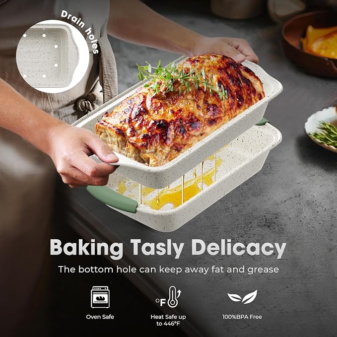 11-Piece Non-Toxic Baking Set, Stackable Nonstick Cookware, White&Green | Bakeware Set with Heat-Resistant Handles - Includes Cookie Tray, Round Cake Pan, Muffin Cups, Pizza Pan & Loaf Baker - Image 7