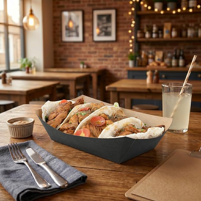 Restaurantware-Bio Tek 2-pound Food Trays, 200 Disposable Paper Food Trays - Heavy-Duty, Greaseproof, Black Paper Food Boats, For Snacks, Appetizers, Or Treats, Use At Parties Or Carnivals - Image 3