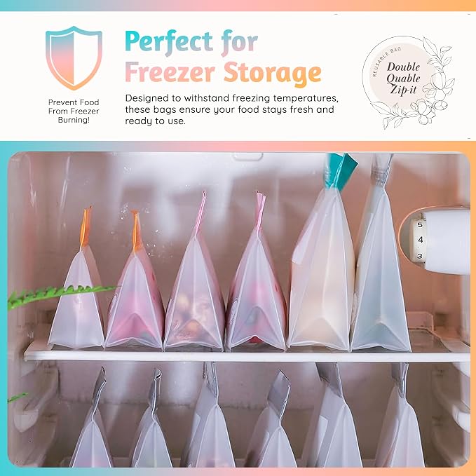 Reusable Food Storage Bags – 10-Pack Stand-Up, BPA-Free, Freezer, Dishwasher Safe, & Eco-Friendly– 5 L, 5 M Bags – Airtight Leakproof Sandwich, Snack, Travel & Make-Up baggies (Multicolor) - Image 8