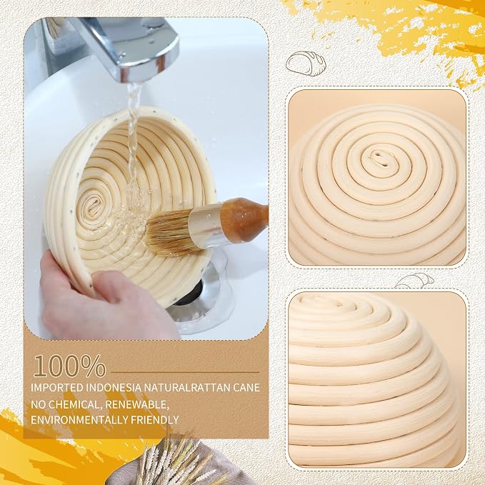 Irenare 10 Pcs Bread Banneton Proofing Basket Round Dough Sourdough Proofing Basket Rattan Bakery Baking Bread Bowl with Liner and Scraper Tool Set for Starter Gifts Professional Home Bakers (5 Inch) - Image 5