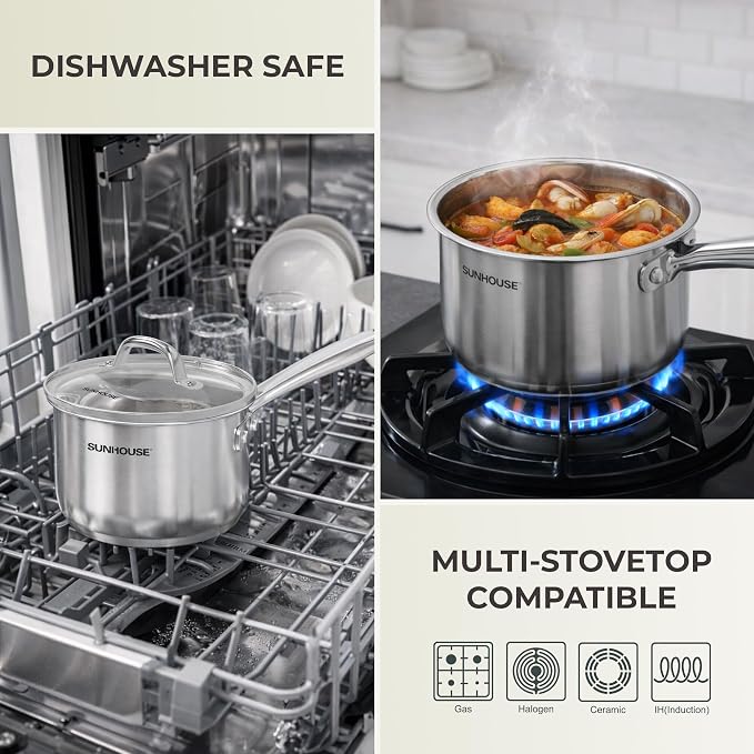 Sunhouse: Stainless Steel Saucepan - Advanced: 2 Quart - Tempered Glass Lid, 18/10, 3-Ply Bottom, Round-Edge Pot, All Cooktops, Oven-Dishwasher Safe - Image 5
