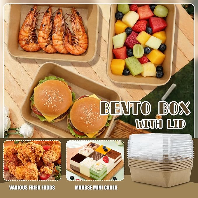 30 Pack Disposable Kraft Paper Food Trays With Clear Lids, 45oz | 8 x 6.5 x 3 inch Large Rectangle Take‑out Containers, Heavy‑duty Meal Storage Boxes for Food, Perfect for Next Day Lunch, Party - Image 3