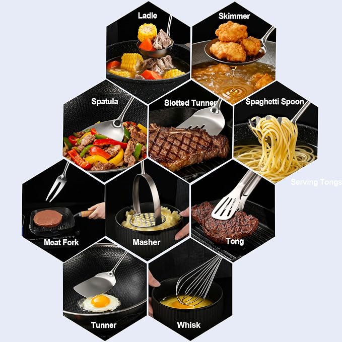 Stainless Steel Kitchen Cooking Utensils Set Wooden Handle 12 PCS | Metal Cooking Utensils Set-Spatulas,Ladle,Skimmer,Tunners,Spaghetti Spoon,Fork,Potato Masher,Egg Whisk,Tongs - Image 2