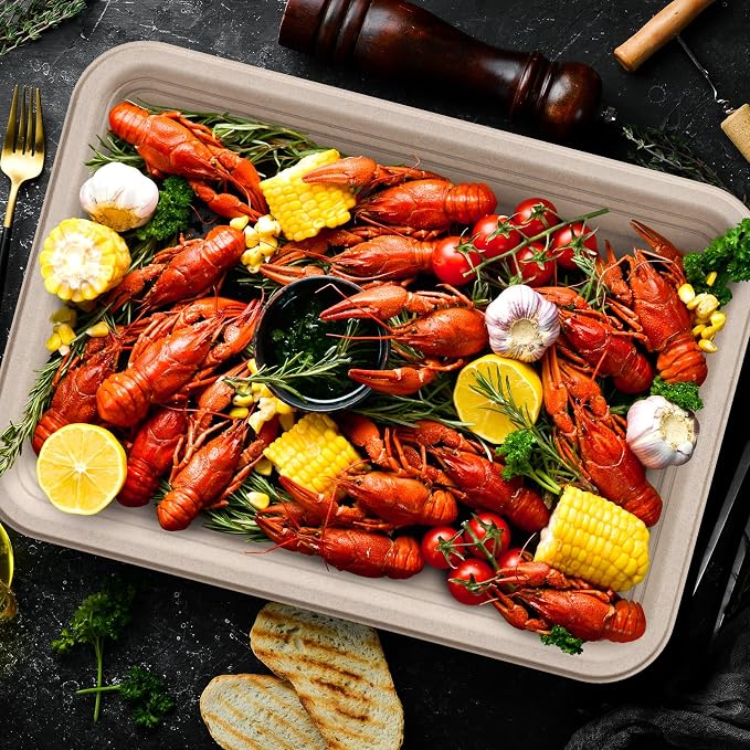 ECOLipak 100 Pack 14 in Compostable Natural Disposable Food Crawfish Trays | Large Paper Thanksgiving Plates for Turkey, BBQ, Seafood Boil Party Supplies, Heavy Duty, Biodegradable, Sugarcane Bagasse - Image 7