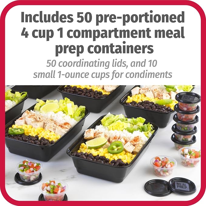 GoodCook Everyday Meal Prep 1‑Compartment Set with 50 Containers + 10 condiment cups with lids, made without BPA, Black - Image 3