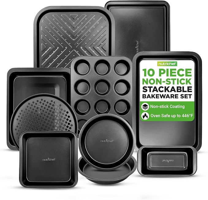 NutriChef 10-Piece Non-Stick Baking Set – Heavy-Duty Carbon Steel Bakeware Set w/ Cookie Sheets, Muffin Pan, Roasting Pan, Cake Pan, Baking Tray, Pizza Pan – Effortless Food Release & Easy Cleanup by NutriChef%E2%84%A2Kitchen