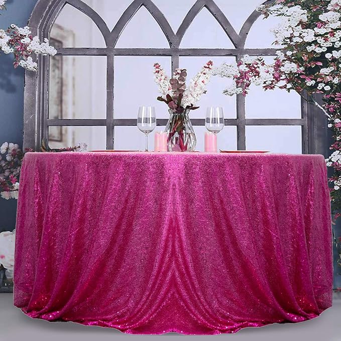 JYFLZQ Hot Pink Sequin Tablecloth, Glitter Party Table Cover 108 Inch Round by JYFLZQ