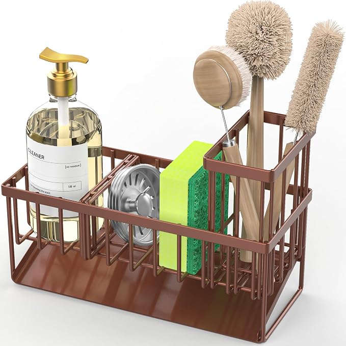 Cisily Kitchen Sink Caddy, Sponge Holder for Kitchen Sink, Kitchen Sink Organzier and Storage with High Brush Holder, Rustproof 304 Stainless Gadgets Sink Accessories(Brown) - Image 7