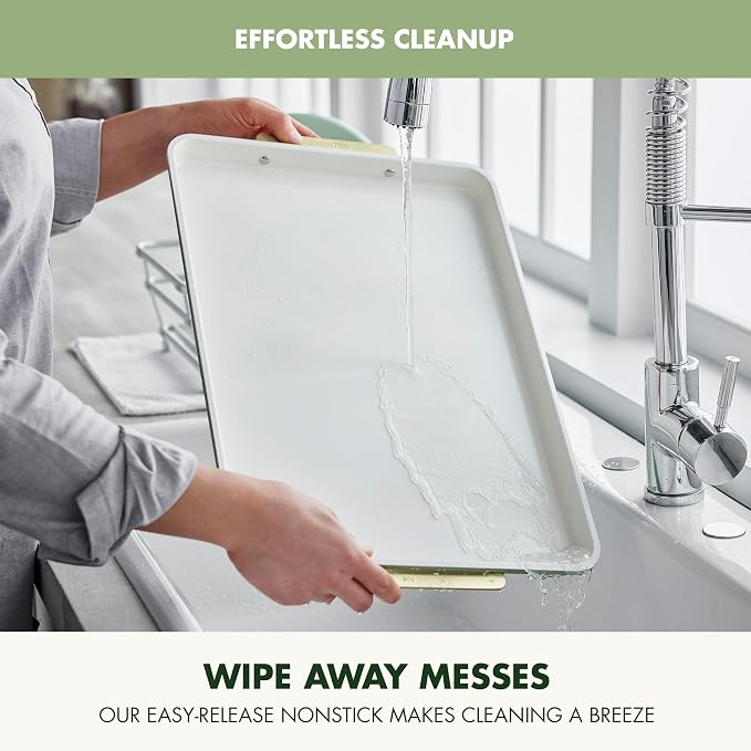 GreenPan Bakeware 13"x18" Half Baking Sheet Pan, Ceramic Nonstick Baking Pan, PFAS & BPA Free, Gold Handles, Durable Steel, Versatile & Space Saving Ovenware, Freezer to Oven Dish, Sage Green - Image 7