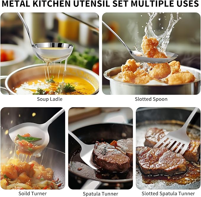 304 Stainless Steel Kitchen Utensils Set, 10 Pcs Metal Cooking Utensil, Mirror Polished Kitchen Gadget Cookware and Kitchen Tool Set, Dishwasher Safe - Image 4