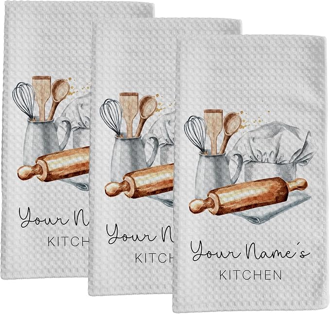Personalized Kitchen Towel | Custom Tea Towel | Watercolor Utensil Dish Towel | Kitchen Decor | Hand Towel Gift Set | Waffle Weave Dishcloth (Pack of 3 Towels, Design 3) by Handmade