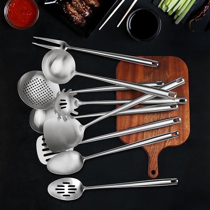 18/10 Stainless Steel Cooking Utensils Set,9 Pcs Professional All Metal Stainless Steel Kitchen Utensils Set with Wok Spatula,Soup Ladle,Skimmer,Slotted Spatula Turner, Large Spoon(Dishwasher Safe) - Image 2