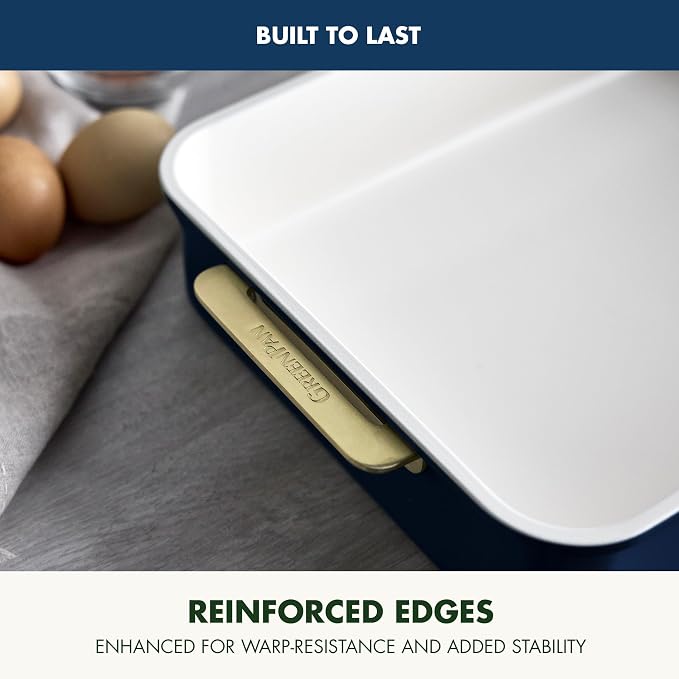 GreenPan Bakeware 13” x 9” Rectangular Cake Pan, Ceramic Nonstick Baking Pan, PFAS & BPA Free, Gold Handles, Durable Steel, Freezer to Oven Dish, Scratch Resistant, Bake & Roast Ovenware, Oxford Blue - Image 5